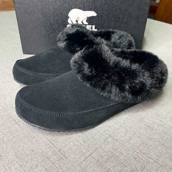 Sorel Go Coffee Run Slippers Black Suede Leather Fur Slip On Shoes NWT - Picture 14 of 16